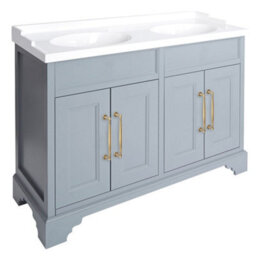 Homestylestore Light Grey 1210mm Bathroom Vanity Unit With Double Basin And Aged Gold T Bar Handles
