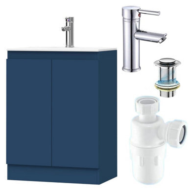 Belofay 600mm Bathroom Vanity Unit With Basin, White Ceramic Bathroom Sink With Trap And Waste, No Tap Included(Denvor  Blue) - image 1