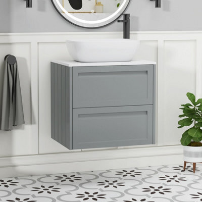 Royal Bathrooms Royal Bathroom Elmore 600mm Matt Pebble Grey Wall Mounted Bathroom Vanity Unit 2 Drawer Plain White Worktop With Elva Basin - image 1