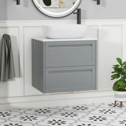 Royal Bathrooms Royal Bathroom Elmore 600mm Matt Pebble Grey Wall Mounted Bathroom Vanity Unit 2 Drawer Plain White Worktop With Elva Basin - thumbnail 1