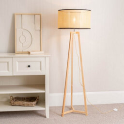 Valuelights Lottie Natural Wood Tripod Floor Lamp With Natural Cane Rattan Drum Shade - Led Bulb Included