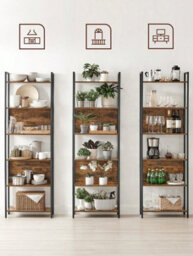 LEDREM Bookshelf 6 Shelf Unit Bookshelf Steel Construction For Living Room Hallway Office Industrial Style Rustic Brown And Black - thumbnail 8