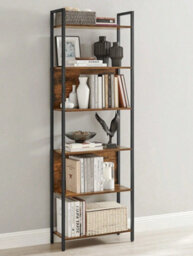 LEDREM Bookshelf 6 Shelf Unit Bookshelf Steel Construction For Living Room Hallway Office Industrial Style Rustic Brown And Black - thumbnail 5