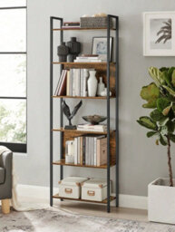 LEDREM Bookshelf 6 Shelf Unit Bookshelf Steel Construction For Living Room Hallway Office Industrial Style Rustic Brown And Black - thumbnail 2