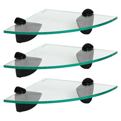 Harbour Housewares 3X Floating Glass Corner Shelves - 20Cm - Black Brackets - Bathroom Shower Storage Vanity Display Unit Shelf - image 1