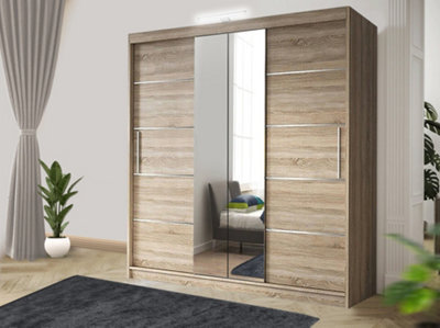 RAC3 Sliding Wardrobe Led Mirror Space Saving Bedroom Wardrobe, Contemporary Bedroom Sliding Wardrobe & Mirror Wardrobe (Oak, 203Cm) - image 1