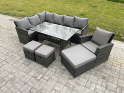 Fimous 10 Seater Outdoor Rattan Garden Furniture Set With Rectangular Dining Table 3 Footstool Armchiar Wicker Corner Sofa Set - thumbnail 1