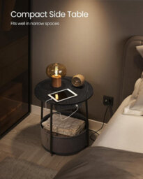 Songmics Vasagle Charging End Table, Round Bedside Table With Power Outlets, Usb Ports, Storage Basket, Ebony Black And Slate Grey - thumbnail 3