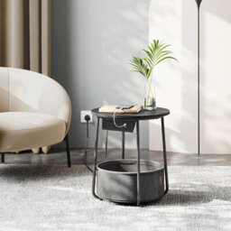 Songmics Vasagle Charging End Table, Round Bedside Table With Power Outlets, Usb Ports, Storage Basket, Ebony Black And Slate Grey