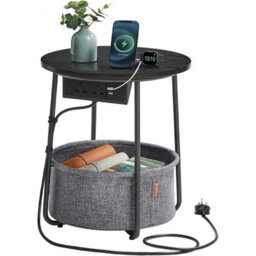 Songmics Vasagle Charging End Table, Round Bedside Table With Power Outlets, Usb Ports, Storage Basket, Ebony Black And Slate Grey - thumbnail 7