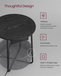 Songmics Vasagle Charging End Table, Round Bedside Table With Power Outlets, Usb Ports, Storage Basket, Ebony Black And Slate Grey - thumbnail 5