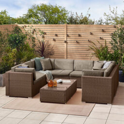Furniturebox Orlando Brown Rattan Garden Sofa Modular Outdoor Patio Couch Seating, Table & 8 Chairs Garden Corner Sofa Set + Cover