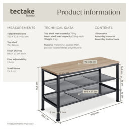 Tectake Shoe Rack Derry - Surface Shelf And 2 Grid Shelves, Industrial Style -  - Industrial Wood Light, Oak Sonoma - thumbnail 6