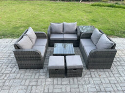 Fimous Outdoor Garden Furniture Sets 8 Seater Wicker Rattan Furniture Sofa Sets With Square Coffee Table Love Seat Sofa Footstools - thumbnail 2