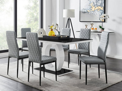 Furniturebox Giovani Rectangular 6 Seat White High Gloss Unique Halo Dining Table Black Glass Top 6 Grey Faux Leather Black Leg Milan Chairs - image 1