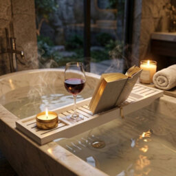 Luxury Bamboo Bath Tray Caddy For Bathtub With Tablet Stand, Book Holder And Wine Glass Holder - thumbnail 3