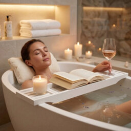 Luxury Bamboo Bath Tray Caddy For Bathtub With Tablet Stand, Book Holder And Wine Glass Holder - thumbnail 4