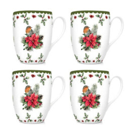 Yes-Online Set Of 4 Festive Holly Robin And Poinsettia Christmas Mugs Xmas Gift Porcelain - thumbnail 1