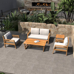 Abrihome 4-Seat Solid Wood Outdoor Sofa Set With Double Sofa, 2 Single Sofa, Coffee & Side Tables, Cushions Teak Finish - thumbnail 9