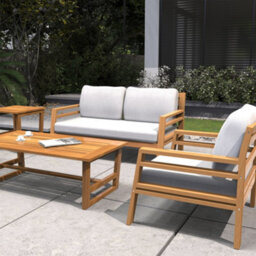 Abrihome 4-Seat Solid Wood Outdoor Sofa Set With Double Sofa, 2 Single Sofa, Coffee & Side Tables, Cushions Teak Finish - thumbnail 4