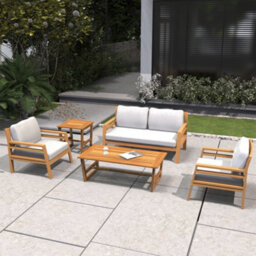 Abrihome 4-Seat Solid Wood Outdoor Sofa Set With Double Sofa, 2 Single Sofa, Coffee & Side Tables, Cushions Teak Finish - thumbnail 2