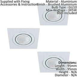 3 Pack Brushed Aluminium Square Flush Ceiling Downlight With 3 X 5W Gu10 Bulbs - thumbnail 2