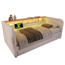 Btm 3Ft Upholstered Daybed Sofa Bed, Led Headboard Storage With Usb Typec, 2 Drawers, Linen Beige - thumbnail 8