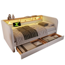 Btm 3Ft Upholstered Daybed Sofa Bed, Led Headboard Storage With Usb Typec, 2 Drawers, Linen Beige - thumbnail 6