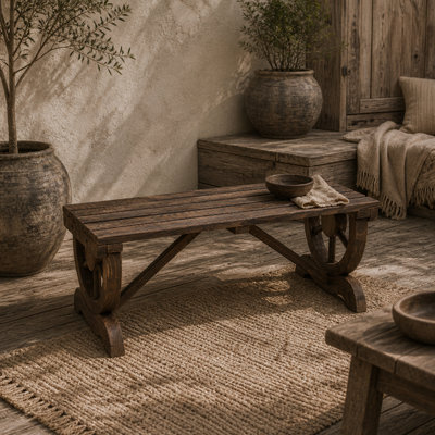 Wyld Haus Vini Wood Brown Rustic Two-Seater Garden Bench With Wagon Wheel Legs And Slatted Seat, L98 X D50 X H39.5Cm - image 1
