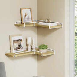 Corner Wall Shelves, Floating Storage Set, Industrial Display Rack, Kitchen Bedroom Organizer, Natural Oak And Cloud White