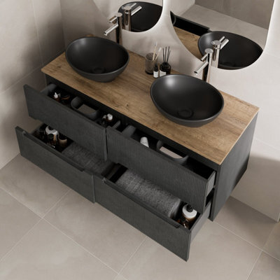 Aveli 1200mm Oak Fluted Vanity Unit Double Oval Basin Countertop Wall Hung Soft Close - image 1