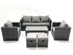 Fimous Rattan Garden Furniture Set Outdoor Lounger Sofa With Coffee Table 2 Armchair 2 Small Footstools Dark Grey Mixed - thumbnail 1