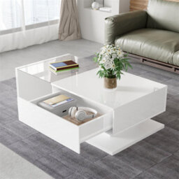 Abrihome Coffee Table, High-Gloss Black, Side Tables, Coffee Tables With Glass And Led, White - thumbnail 2