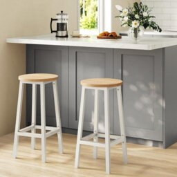 Songmics Kitchen Stools, 2 Tall Chairs, Metal Frame Bar Chairs Set, For Kitchen, Living, & Dining Spaces, Oak Beige & Classic White - thumbnail 1