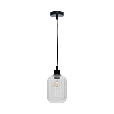 First Choice Lighting Batley - Clear Ribbed Glass With Black Pendant Fitting - image 1