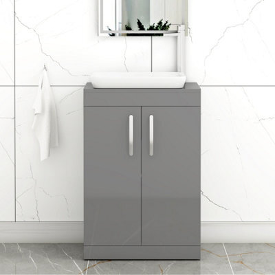 Royal Bathrooms Turin 600mm Freestanding Bathroom Vanity Unit With Sink 2 Door Indigo Grey Gloss & Qubix Countertop Basin - image 1