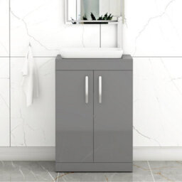 Royal Bathrooms Turin 600mm Freestanding Bathroom Vanity Unit With Sink 2 Door Indigo Grey Gloss & Qubix Countertop Basin