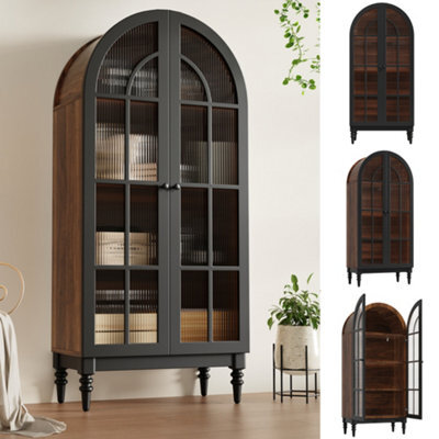 Btm Tall Arch Storage Cabinet Freestanding Kitchen Cabinet Display Cabinet With Glass Doors Wood Grain - image 1