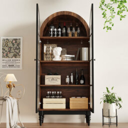Btm Tall Arch Storage Cabinet Freestanding Kitchen Cabinet Display Cabinet With Glass Doors Wood Grain - thumbnail 4