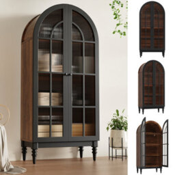Btm Tall Arch Storage Cabinet Freestanding Kitchen Cabinet Display Cabinet With Glass Doors Wood Grain - thumbnail 1