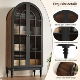 Btm Tall Arch Storage Cabinet Freestanding Kitchen Cabinet Display Cabinet With Glass Doors Wood Grain - thumbnail 7