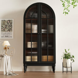 Btm Tall Arch Storage Cabinet Freestanding Kitchen Cabinet Display Cabinet With Glass Doors Wood Grain - thumbnail 2