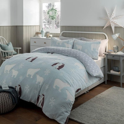 Gr8 Home Glow In The Dark Penguin And Polar Bear Fleece Duvet Set Quilt Cover Pillowcase Childrens Kids Bedding Single - image 1