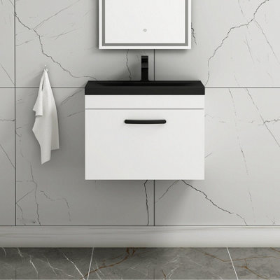 Royal Bathrooms Turin 600mm Wall Hung Vanity Unit 1 Drawer Gloss White With Black Basin & Handles - image 1