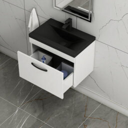Royal Bathrooms Turin 600mm Wall Hung Vanity Unit 1 Drawer Gloss White With Black Basin & Handles - thumbnail 6