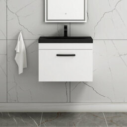 Royal Bathrooms Turin 600mm Wall Hung Vanity Unit 1 Drawer Gloss White With Black Basin & Handles - thumbnail 1