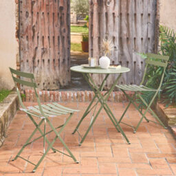 Sweeek - Round Folding Metal Bistro Garden Table With 2 Chairs Sage Green 60X60X71 Cm - Emilia - thumbnail 1