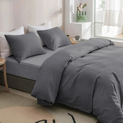 Ameha Plain Dyed Duvet Cover Complete Set With Matching Fitted Sheet & Pillowcase Microfiber King Grey - image 1