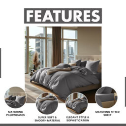 Ameha Plain Dyed Duvet Cover Complete Set With Matching Fitted Sheet & Pillowcase Microfiber King Grey - thumbnail 2