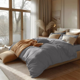 Ameha Plain Dyed Duvet Cover Complete Set With Matching Fitted Sheet & Pillowcase Microfiber King Grey - thumbnail 4